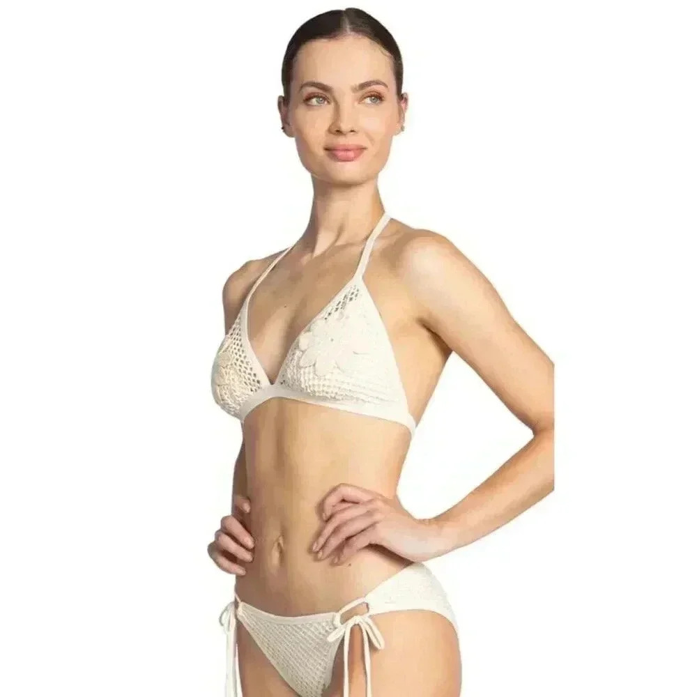 NEW Robin Piccone Pua Cream Crochet Triangle High Waisted Bikini Size Large
